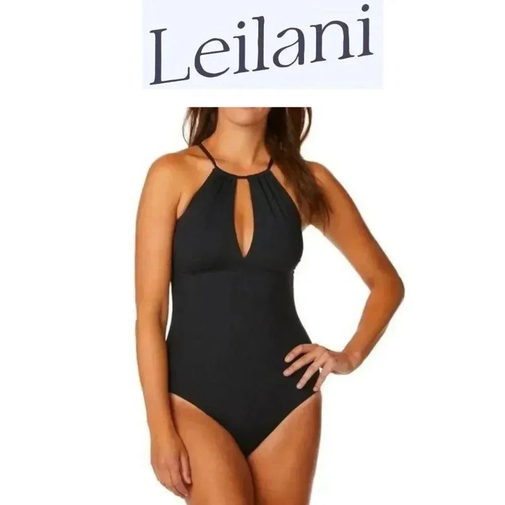 Leilani Horizon High Neck One Piece Strappy Cage Back Black Swimsuit Size 10